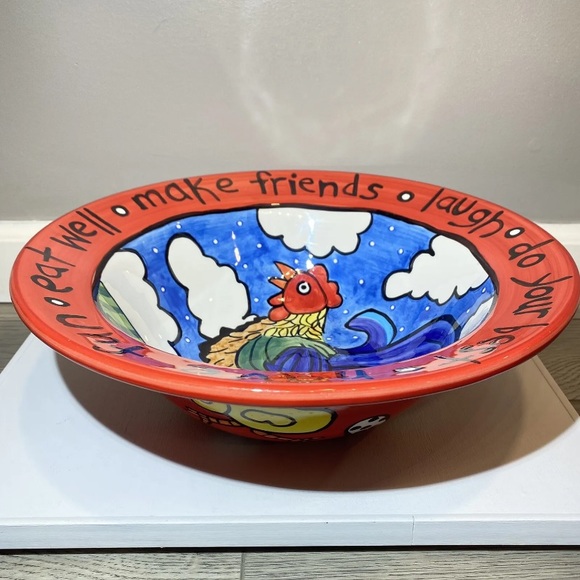 Nicole Engblom Hand Painted Large Serving Bowl Rooster Chick Egg Red Art Ceramic - Picture 7 of 14